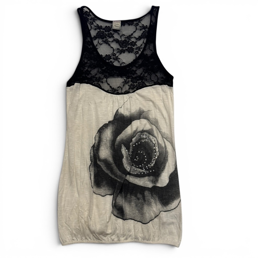 Tres Bien Womens Large Lace Yoke Rose Graphic Rhinestone Tank Top Cream Black